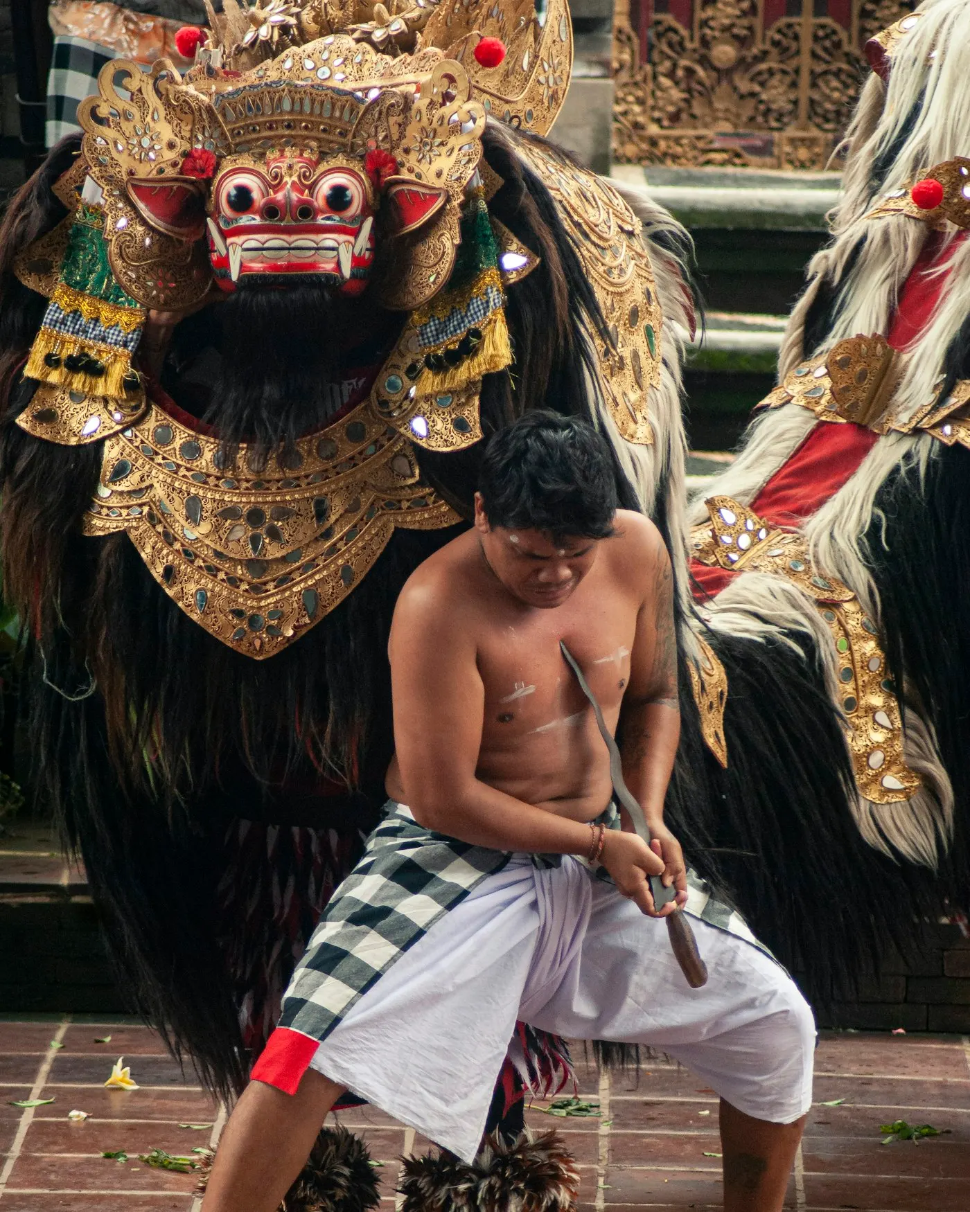 Barong behind a kris dancer during the drama